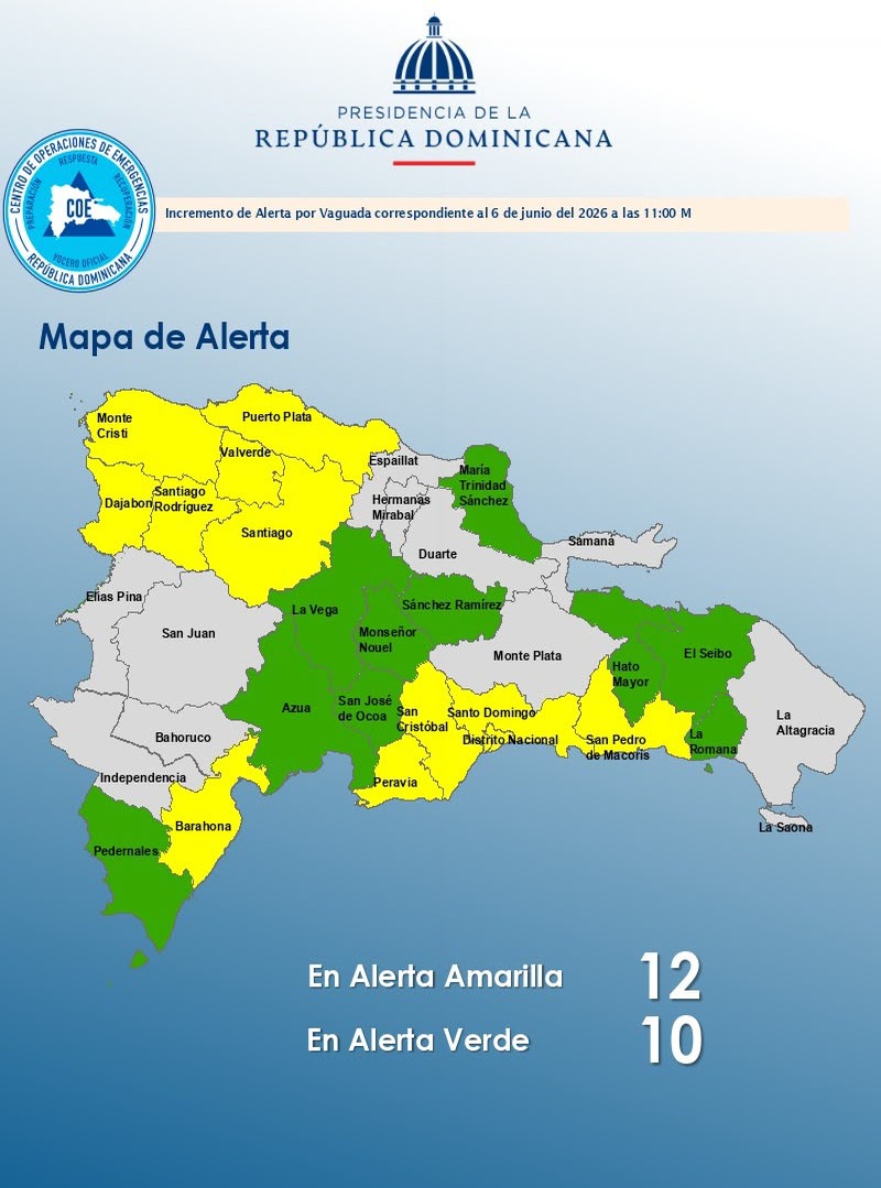 COE Amplía Alerta a 22 Provincias por Vaguada en República Dominicana