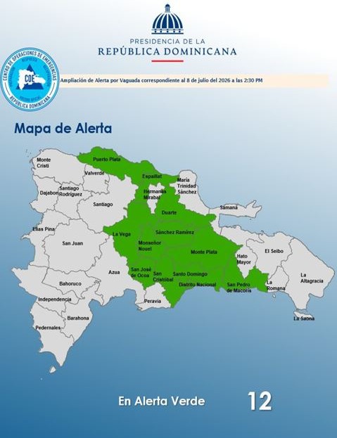 COE Amplía Alerta Verde a 12 Provincias por Fuertes Lluvias